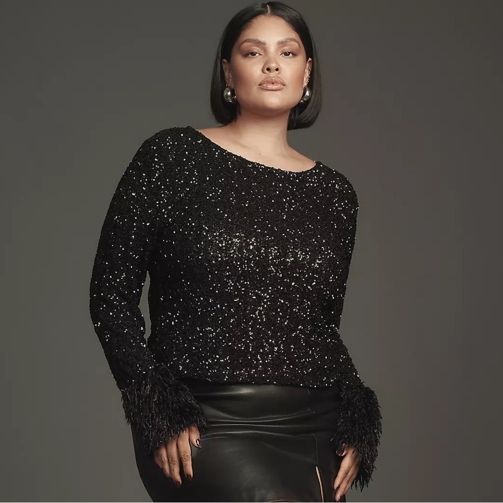 NWT Anthropologie Maeve Faux-Fur Sleeve Black Sequin Top - Size XL 📊